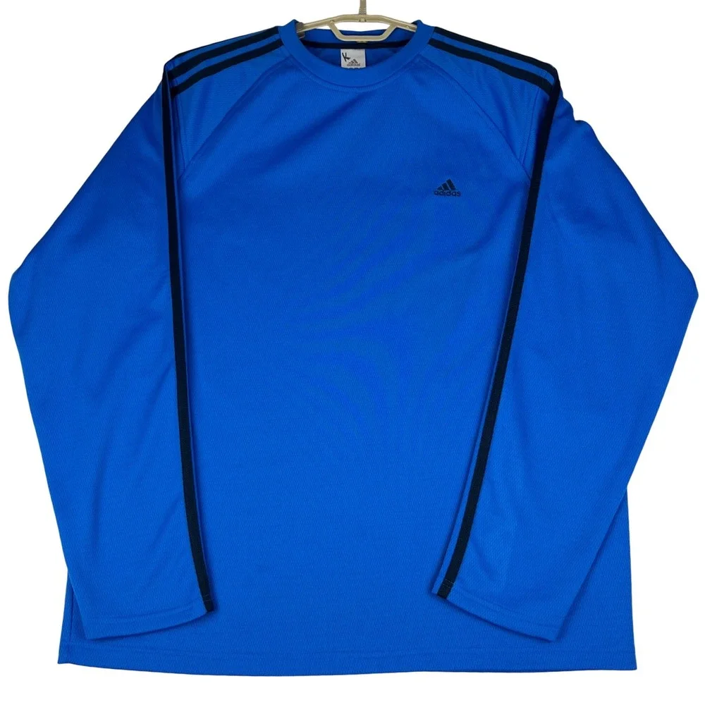 Adidas Long Sleeve Shirt Mens XL Blue 3-Stripe Performance Training Crew Neck